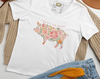 Camiseta feminista con cuello en V y estampado floral de "Piggy quieta" • Camiseta de protesta "No me quedo callada"