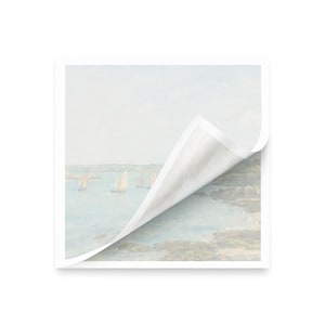 May include: Square art print featuring a seascape with sailboats on the water. The corner of the print is peeled back, revealing the white backing. The artwork has a soft, muted color palette with shades of blue, beige, and white.