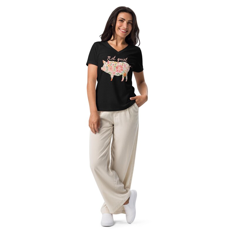NOT QUIET Piggy Women's V-Neck Tee • Sassy Feminist Anti-Trump Shirt • Bold Floral Pig Protest Top for Outspoken Women