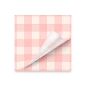 May include: A square, pink and white checkered pattern with a corner of the fabric folded over, revealing the underside. The design is a classic gingham style, often used for picnic blankets and tablecloths.