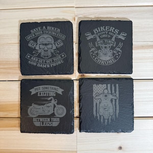 Laser-Engraved Biker Slate Coaster Set – Funny Motorcycle Quotes, Unique Gift for Riders, Man Cave Decor, Bar Accessories