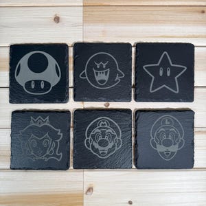 Laser-Etched Super Mario Slate Coasters – Vibrant Gaming Art for Home Decor, Table Protection & Unique Gift for Mario Fans