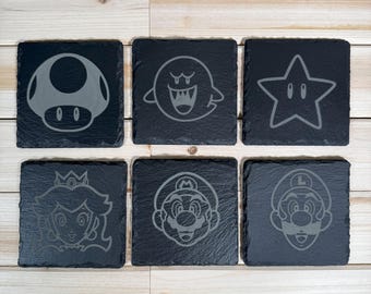 Laser-Etched Super Mario Slate Coasters – Gaming Home Decor