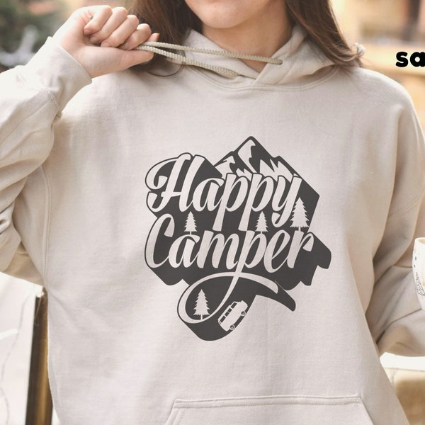 Happy Camper Hooded Sweatshirt, Mountain lover sweatshirt, Road Trip Hoodie, Vacation Hoodie, Group Camping sweatshirt
