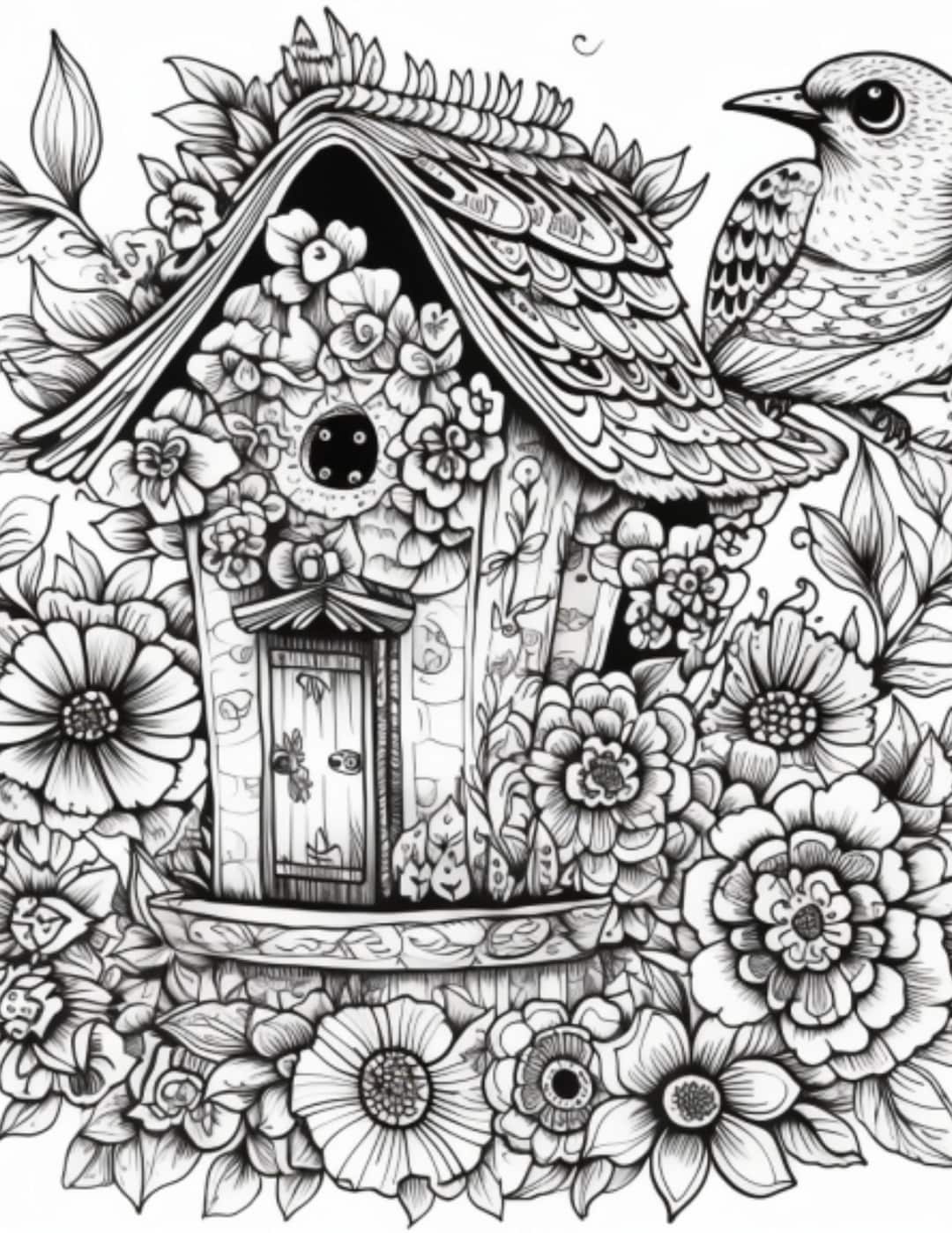 Bird House Coloring Page Instant Download Grayscale Coloring Page
