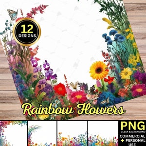Flores de arco-íris PNG, buquês de clipart floral em aquarela, elementos, uso comercial, clipart digital PNG, borda de flor, moldura de flor