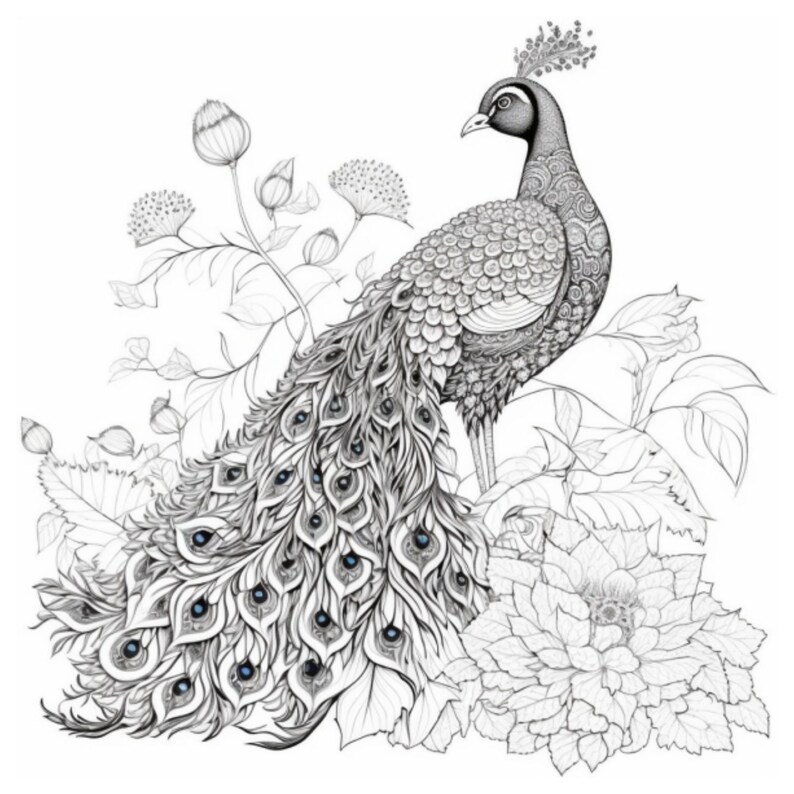 Peacock Coloring Pages for Adults Instant Download Etsy