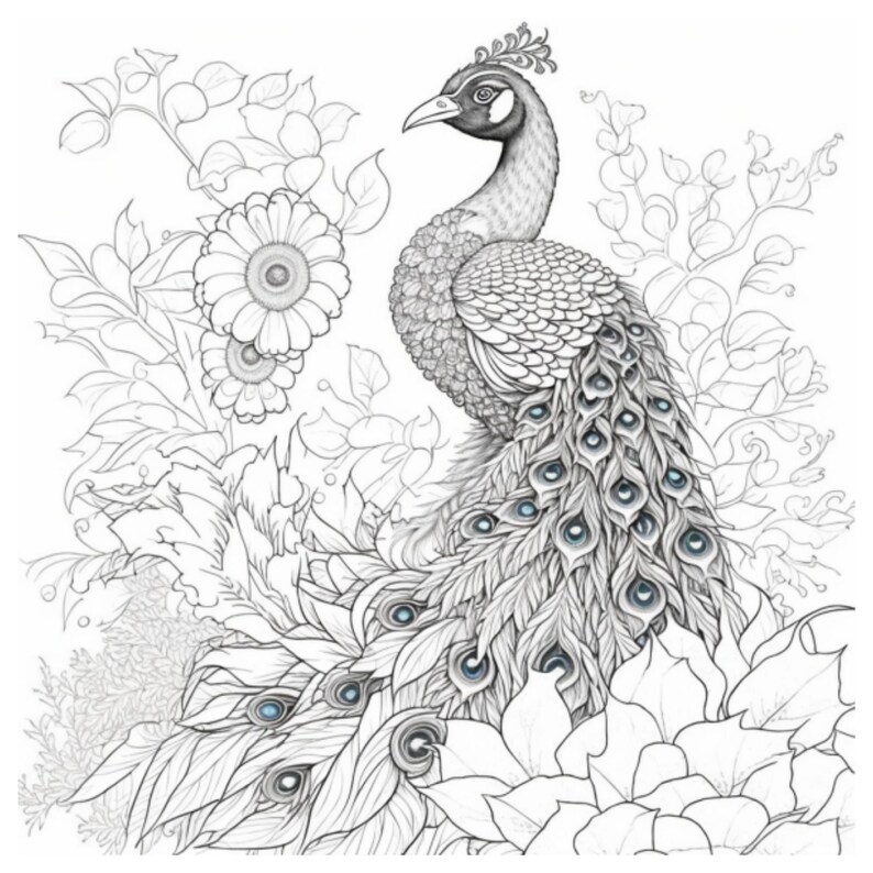 Peacock Coloring Pages for Adults Instant Download Etsy