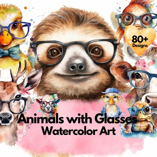 80 Cute Watercolor Animal Clipart with Glasses PNG for Sublimation - Instant Download for T-Shirts, Mugs, and More!