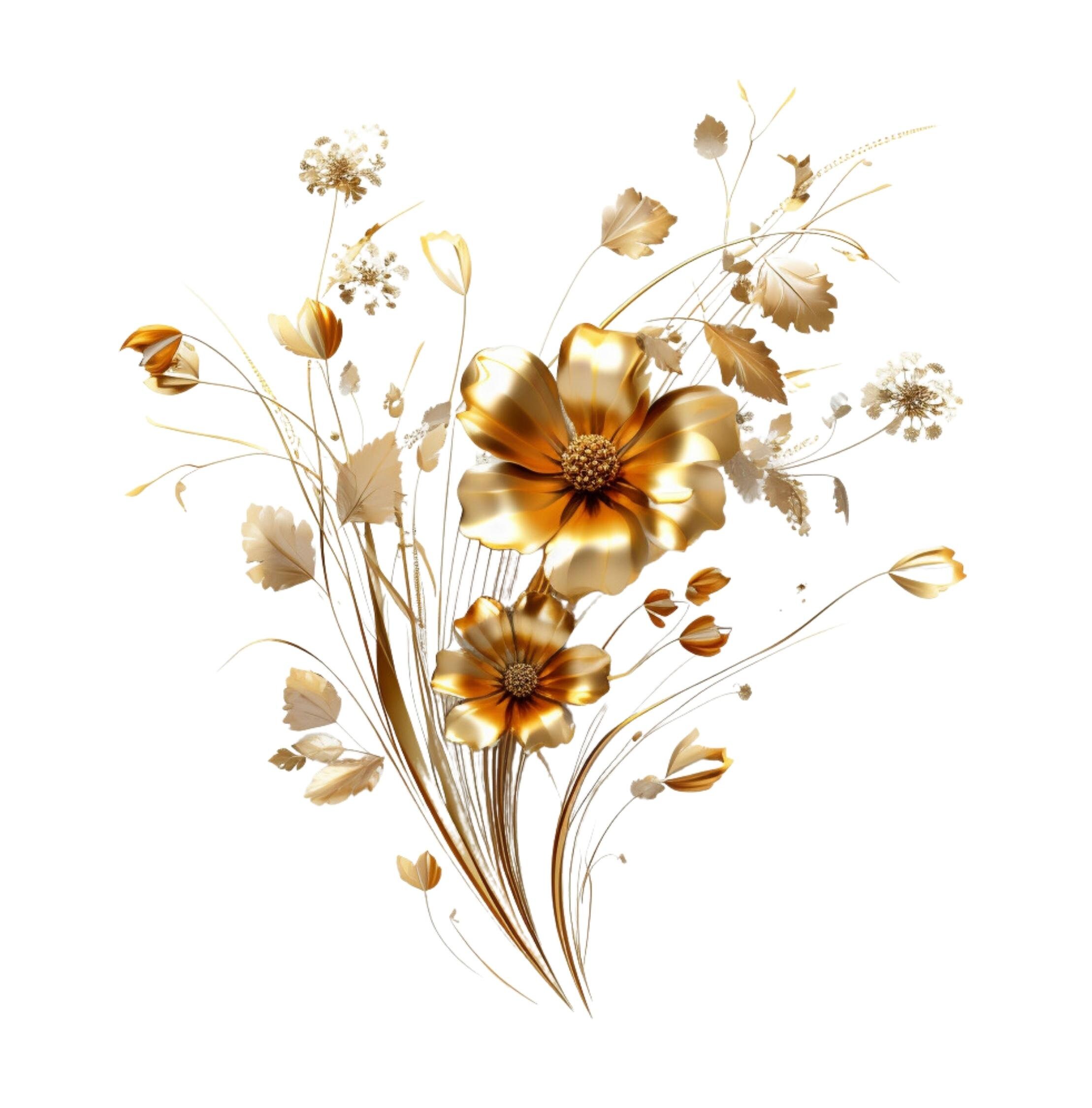 Gold Flowers PNG, Watercolor Floral Clipart Bouquets, Elements