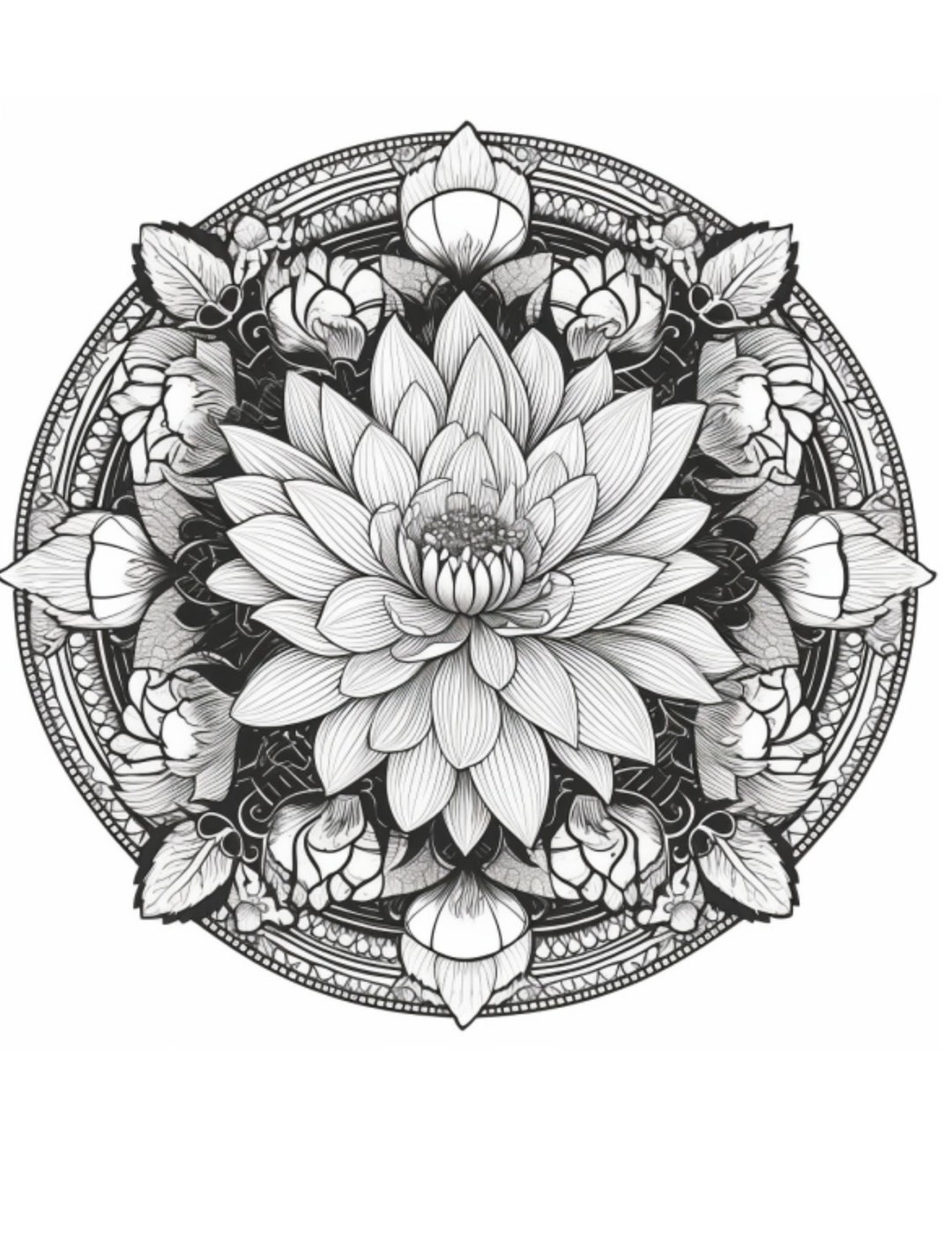 Cambodia Lotus Mandala Coloring Page Instant Download Grayscale Coloring Page Printable PDF