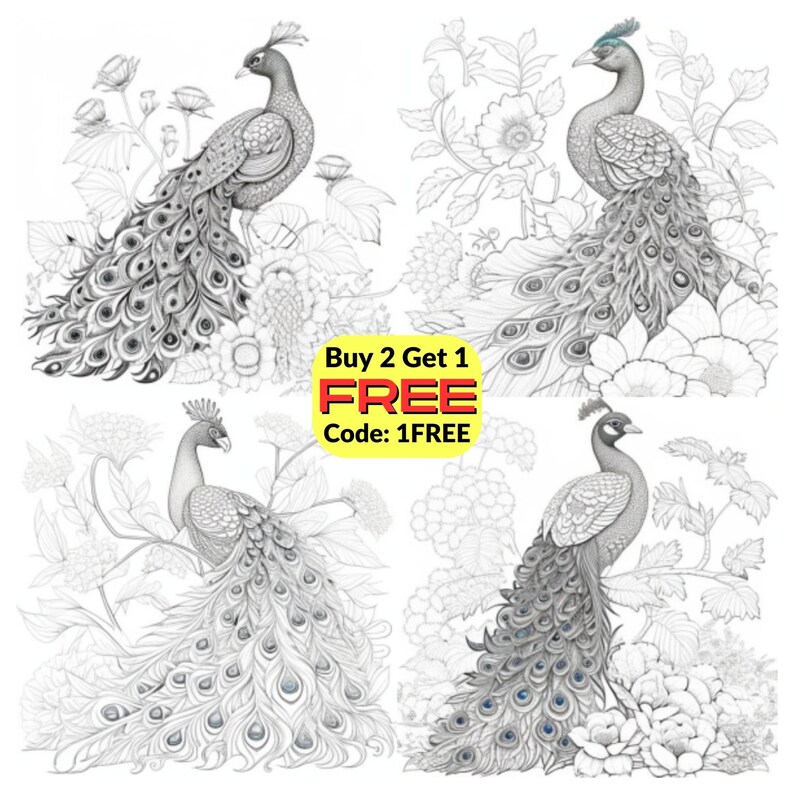 Peacock Coloring Pages for Adults Instant Download Etsy