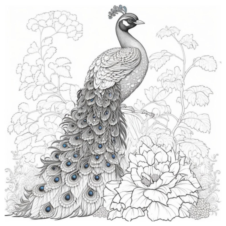 Peacock Coloring Pages for Adults Instant Download Etsy