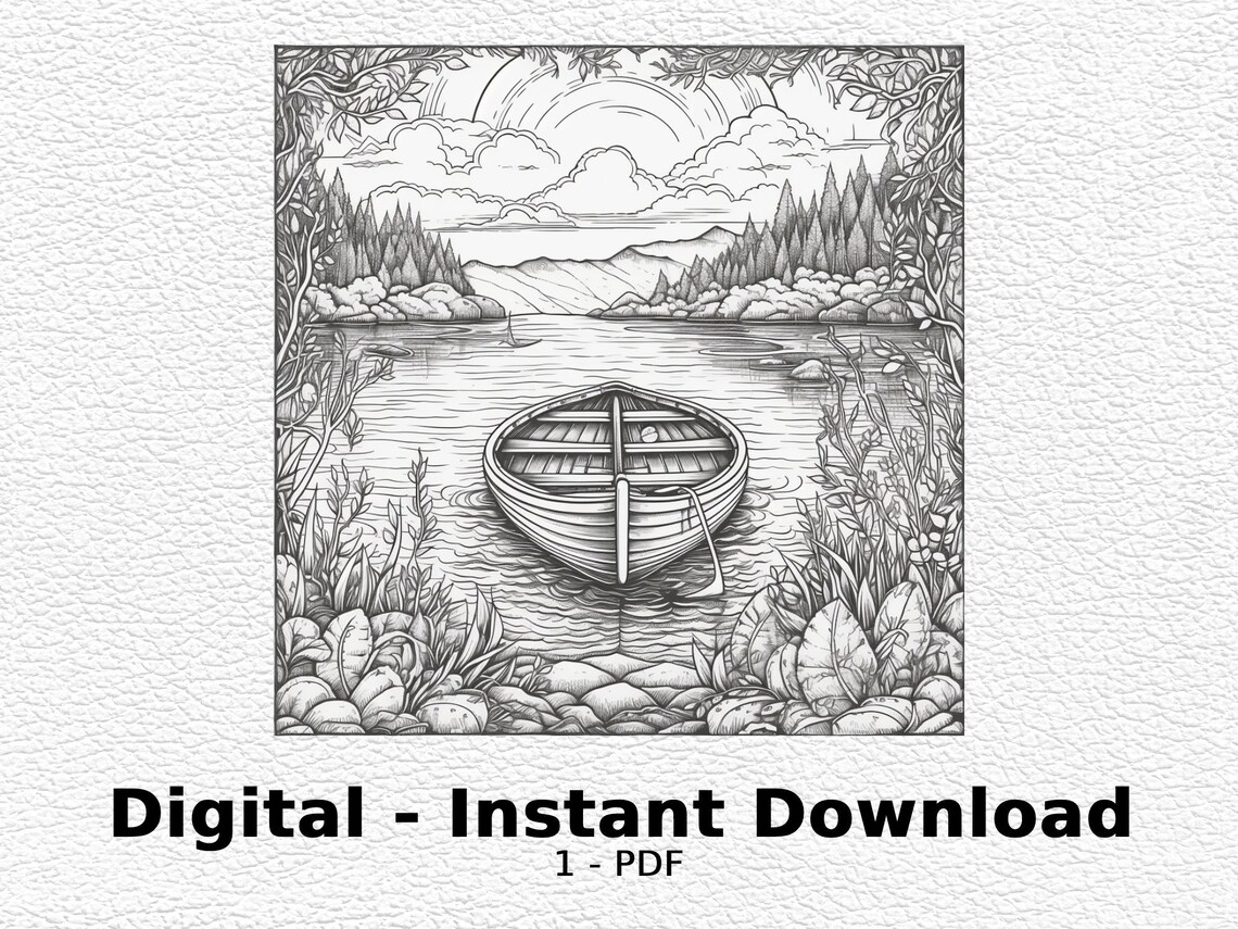 A Boat on A Lake Coloring Page Digital Download, Summer Coloring Page ...