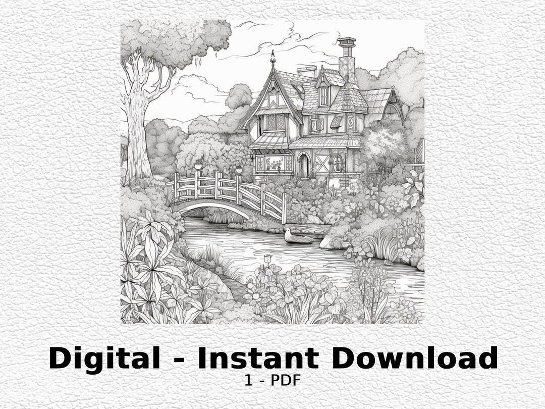 Peaceful Scene Coloring Page Digital, Printable Coloring Page, Digital ...