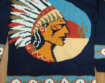 Cárdigan de punto a mano estilo vintage de Marsh Landing, jefe nativo americano