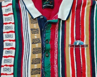 Vintage Greg Norman Tribal Randig Pikétröja Golf