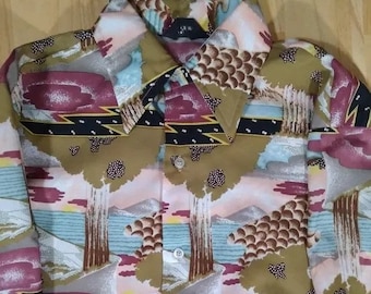 Vintage Bud Berma Psychedelic Landscape Pattern Polyester Disco Shirt