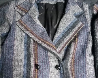 Vintage Wool Herringbone Striped Double Breast Pea Coat Jacket