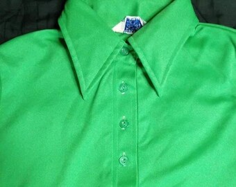 Vintage Sears Polyester Disco Polo Shirt Bright Green