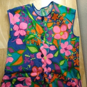 Vintage 60s Neon Day Glo Floral Button Vest Sleeveless Top