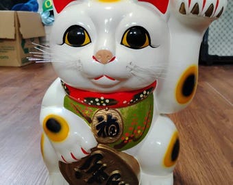 ヴィンテージ 招き猫 左足上げ猫貯金箱 33 cm 日本の招き猫の置物 昭和