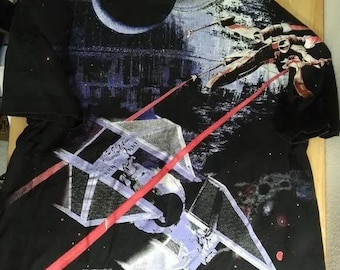 Vintage jaren 90 Star Wars Millennium Falcon Death Star AOP T-shirt