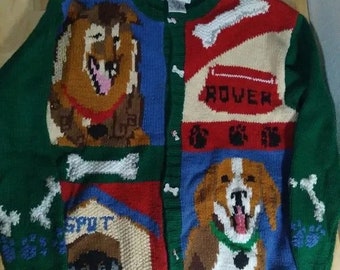 Vintage Alexandra Bartlett For The Eagle&#39;s Eye Dogs Fido Spot Rover Hand Knit Cardigan Sweater
