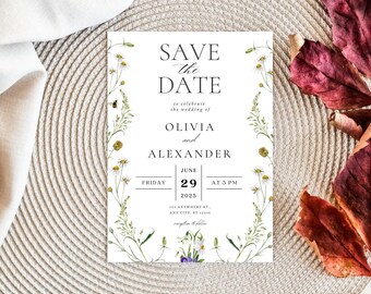 Plantilla de Canva para guardar la fecha Programa de boda Invitación de boda con flores silvestres Plantilla de itinerario Invitación de boda personalizada editable