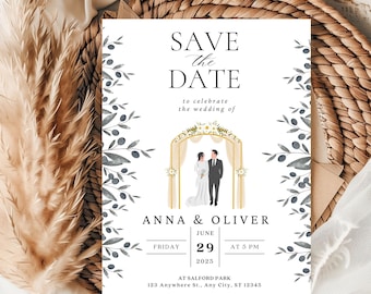 Plantilla fácil para guardar la fecha para el programa de bodas Invitación de boda con flores silvestres Plantilla de itinerario Invitación de boda personalizable editable