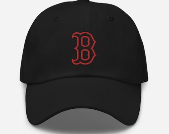 May include: Black baseball cap with a red embroidered letter 'B' on the front.