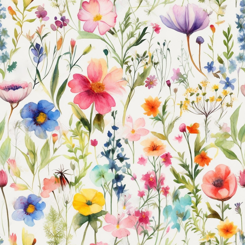 Colorful Watercolor Wildflower Pattern, PNG, Sublimate Download, Digital Paper, Printable, Background, Floral Pattern Png image 1