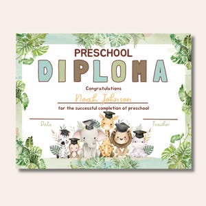 Safari Vorschul-Diplom-Zertifikat | Bearbeitbare Canva Vorlage | PreK Abschluss-Diplom | Ausdruckbare Urkunde für den Kindergartenpreis
