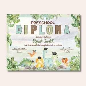 Dinosaur Preschool Diploma Certificate | Editable Canva Graduation Template | Printable Pre-K Award | Cute Graduation Diploma