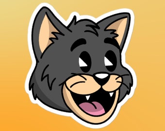 May include: A cartoon illustration of a black cat with a wide, toothy grin. The cat has large, round eyes and a white nose.