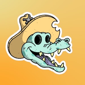 Etiqueta engomada del vaquero del cocodrilo de la historieta / Computadora portátil del cocodrilo del horror, botella de agua, caja del teléfono, y etiqueta del coche / Ilustraciones ilustradas del cocodrilo del vaquero