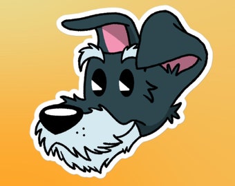 Peut inclure: Illustration de dessin animé d'un chien noir et blanc avec une oreille rose. Le chien a une expression sérieuse et regarde vers la gauche.