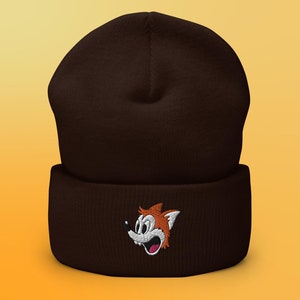 Gorro con vuelta bordado de dibujos animados de lobo rojo/zorro rojo