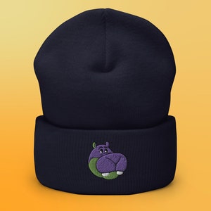 Gorro con vuelta bordado de hipopótamo de dibujos animados - Verde