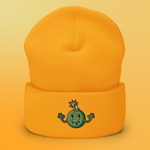 Embroidered Cartoon Green Bomb Cuffed Beanie