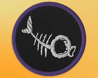 Parche de hierro bordado con hueso de pescado de dibujos animados de 3 "- Negro / Parche cosido de pesca / Regalo para los amantes de la pesca / Parche para chaquetas, sombreros y ropa