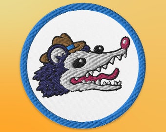 3" Cartoon Cowboy Possum Embroidered Iron On Patch | Possum Sew On Patch | Cowboy Possum Art | Opossum Illustration for Denim Jacket | Patch
