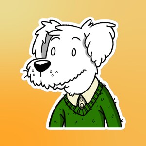 Può includere: Un cane bianco che indossa un maglione verde con un colletto bianco e tre bottoni. Il cane ha il naso nero e uno sfondo bianco.