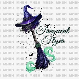 May include: A purple witch's hat with a black and green broom, with the text "Frequent Flyer" in a black script font. The background is white with black stars and bats.