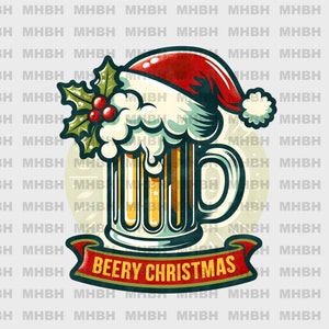 以下が含まれることがあります： サンタ帽とヒイラギで飾られたビールジョッキのイラスト。ジョッキはビールと泡で満たされ、下には「BEERY CHRISTMAS」と書かれたバナーがあります。デザインはヴィンテージスタイルです。