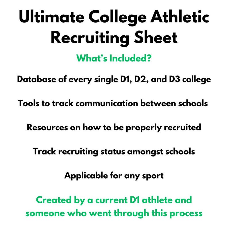 Puede incluir: Un gr&aacute;fico con el texto "Ultimate College Athletic Recruiting Sheet" en negro sobre fondo blanco. El texto "What's Included?" est&aacute; en verde. El gr&aacute;fico enumera las siguientes caracter&iacute;sticas: Base de datos de todos los colegios D1, D2 y D3, Herramientas para rastrear la comunicaci&oacute;n entre las escuelas, Recursos sobre c&oacute;mo ser reclutado correctamente, Seguimiento del estado de reclutamiento entre las escuelas, Aplicable a cualquier deporte, Creado por un atleta D1 actual y alguien que pas&oacute; por este proceso.