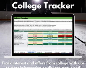 May include: A laptop screen displaying a spreadsheet titled "College Tracker" with columns for college name, interest level, status, and outcome. The spreadsheet is used to track college recruitment information.
