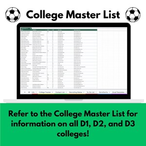 Puede incluir: Una pantalla de computadora port&aacute;til que muestra una hoja de c&aacute;lculo titulada "College Master List". La hoja de c&aacute;lculo contiene una lista de universidades, sus conferencias, divisiones y sitios web. El texto debajo de la imagen dice "Refer to the College Master List for information on all D1, D2, and D3 colleges!"