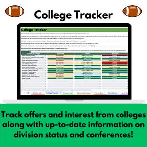 Puede incluir: Una captura de pantalla de una computadora que muestra una hoja de c&aacute;lculo titulada "College Tracker". La hoja de c&aacute;lculo se utiliza para realizar un seguimiento de las ofertas universitarias, el inter&eacute;s y el estado de reclutamiento. La hoja de c&aacute;lculo incluye columnas para el nombre de la universidad, el nivel de inter&eacute;s, el estado y el resultado. La hoja de c&aacute;lculo est&aacute; dise&ntilde;ada para ayudar a los estudiantes a realizar un seguimiento de su proceso de reclutamiento universitario.