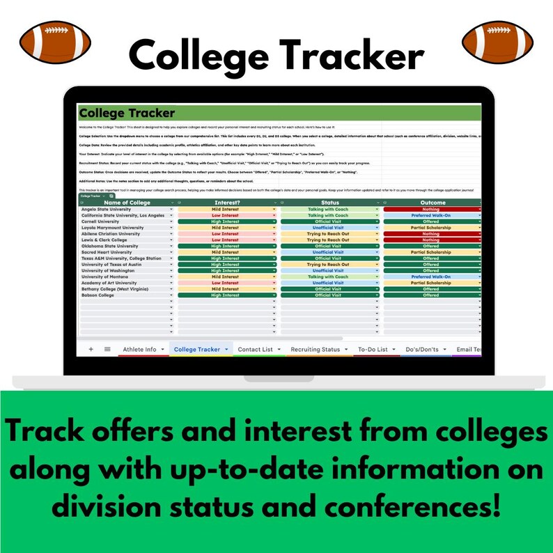 Puede incluir: Una captura de pantalla de una computadora que muestra una hoja de c&aacute;lculo titulada "College Tracker". La hoja de c&aacute;lculo se utiliza para realizar un seguimiento de las ofertas universitarias, el inter&eacute;s y el estado de reclutamiento. La hoja de c&aacute;lculo incluye columnas para el nombre de la universidad, el nivel de inter&eacute;s, el estado y el resultado. La hoja de c&aacute;lculo est&aacute; dise&ntilde;ada para ayudar a los estudiantes a realizar un seguimiento de su proceso de reclutamiento universitario.